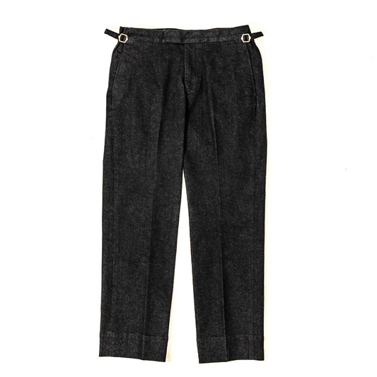 Black Denim trousers with side tab waist band.