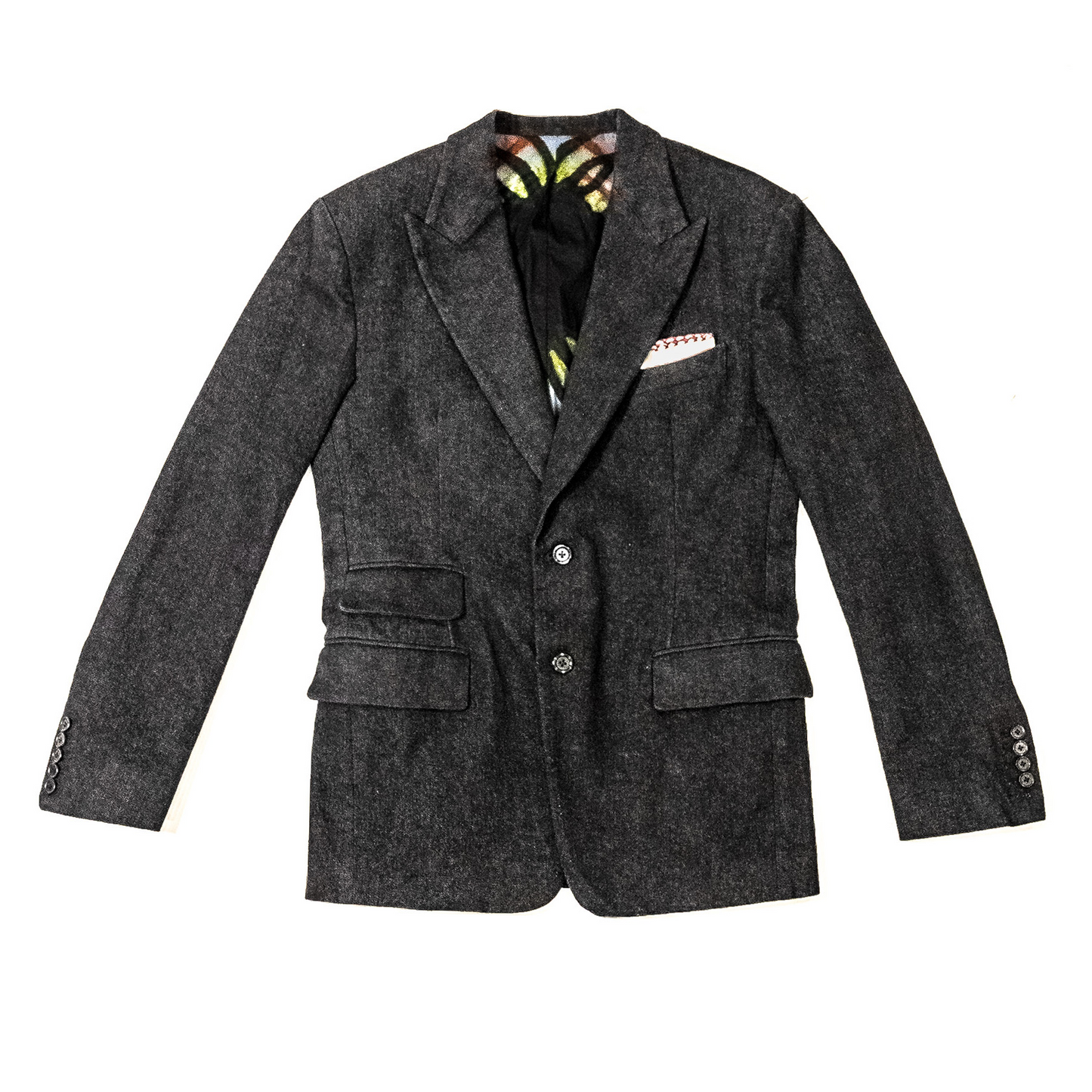 Black Denim Notch Collar Jacket With Custom African Lining.