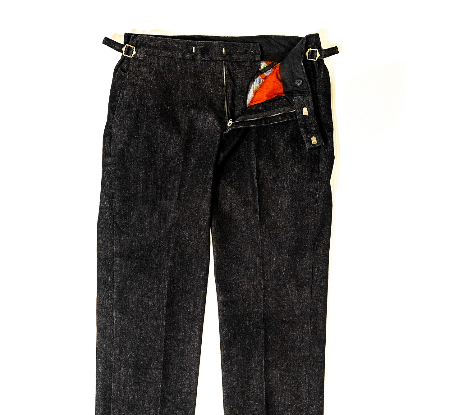 Black Denim trousers with side tab waist band.