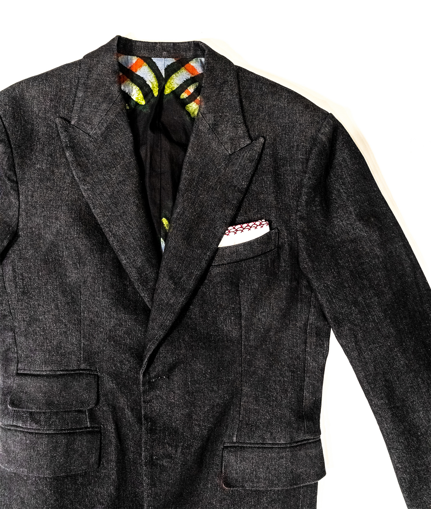 Black Denim Notch Collar Jacket With Custom African Lining.