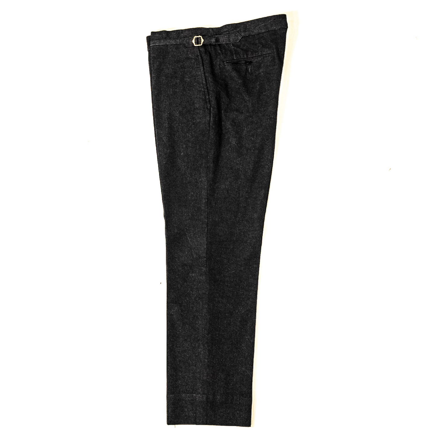 Black Denim trousers with side tab waist band.