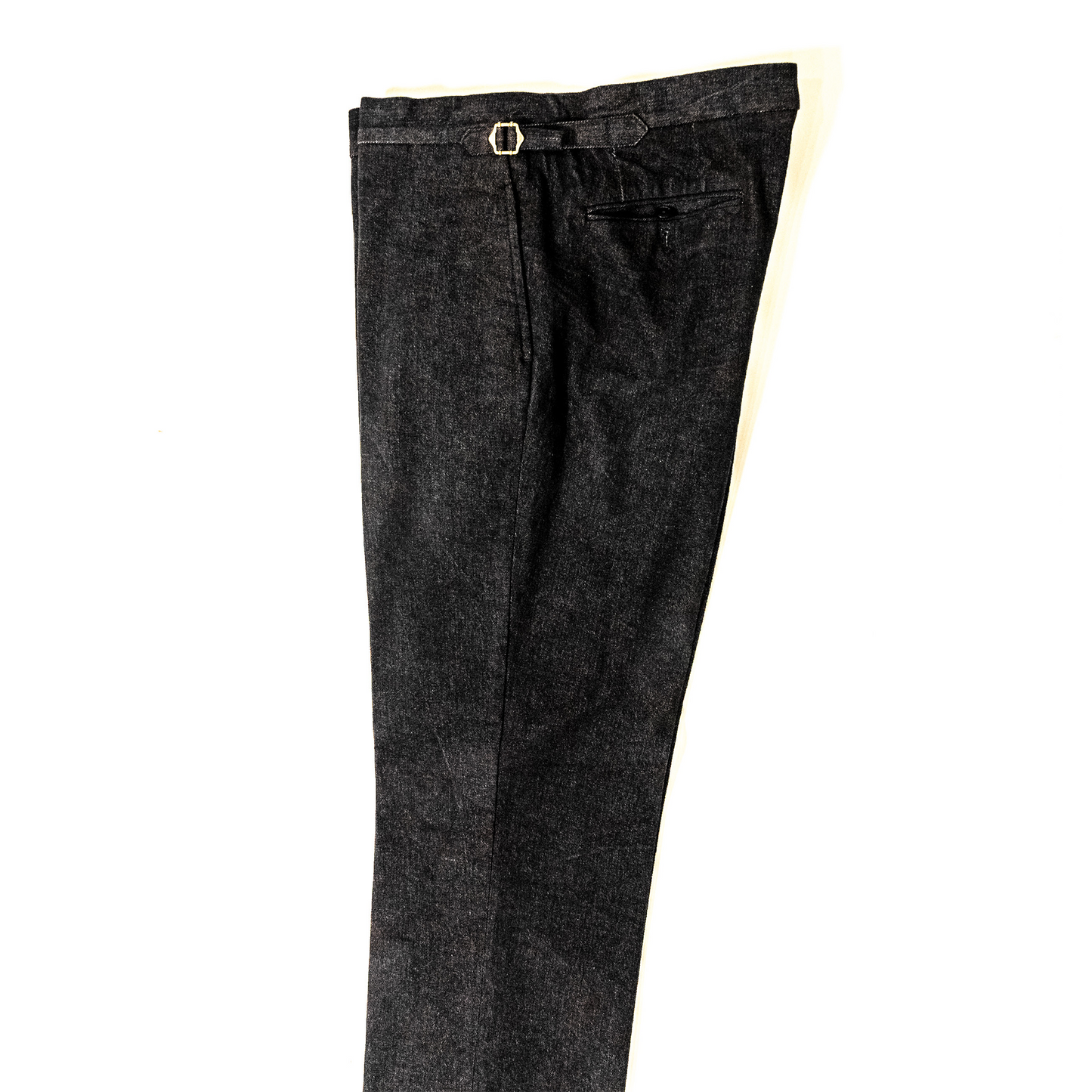 Black Denim trousers with side tab waist band.